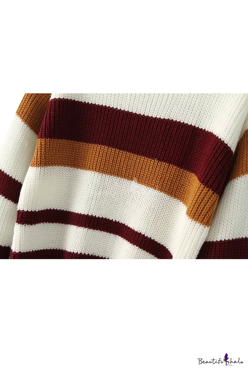 Color Block Stripe Round Neck Long Sleeve Knit Sweater