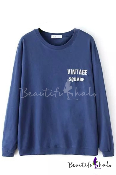 Letter Embroidery Round Neck Long Sleeve Sweatshirt - Beautifulhalo.com