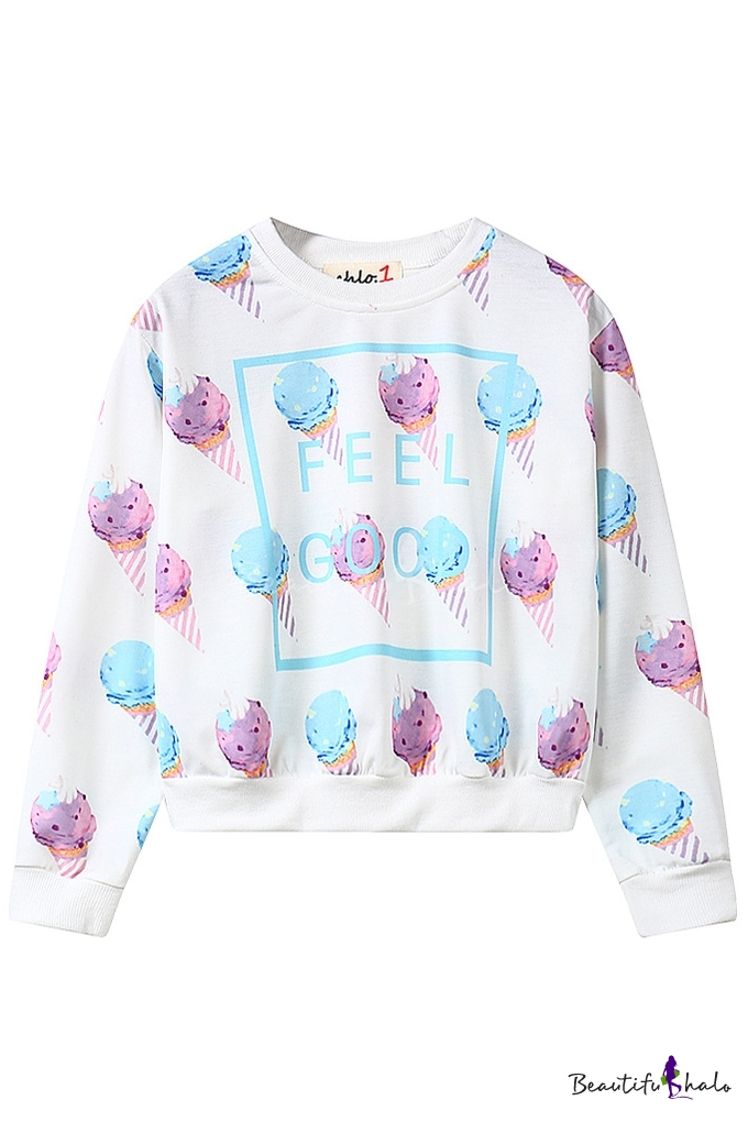 Ice-Cream Print Round Neck Long Sleeve Cropped Sweatshirt ...