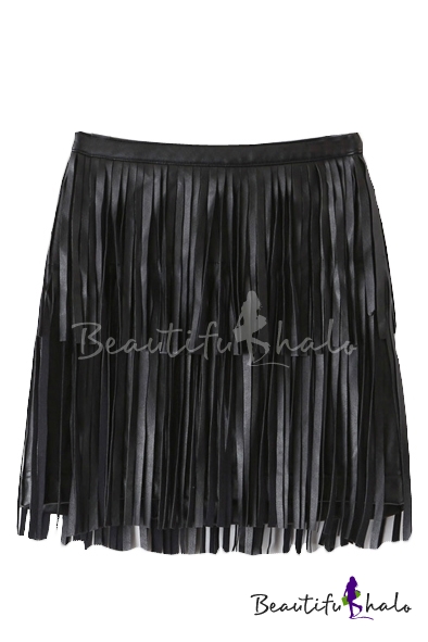 Black PU Tassel Zip Side A-Line Mini Skirt - Beautifulhalo.com