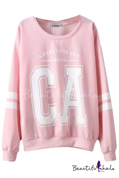 Pink Round Neck Letter Print Long Sleeve Sweatshirt - Beautifulhalo.com