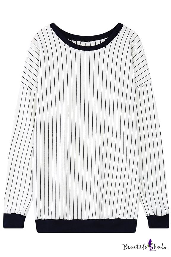 Stripe Scoop Neck Long Sleeve Black Hem Sweatshirt - Beautifulhalo.com