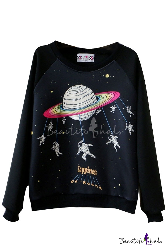 Cartoon Planet and Astronauts Print Round Neck Long Sleeve Sweatshirt ...