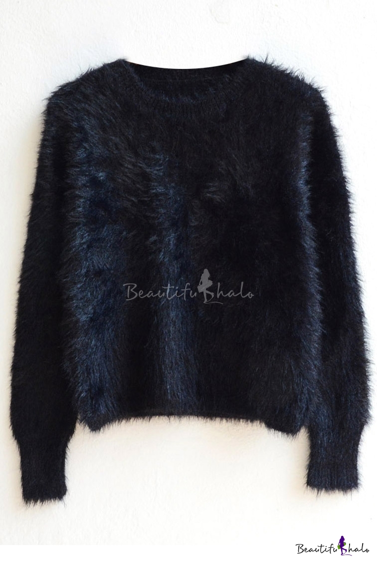 Round Neck Plain Woolen Long Sleeve Sweater - Beautifulhalo.com