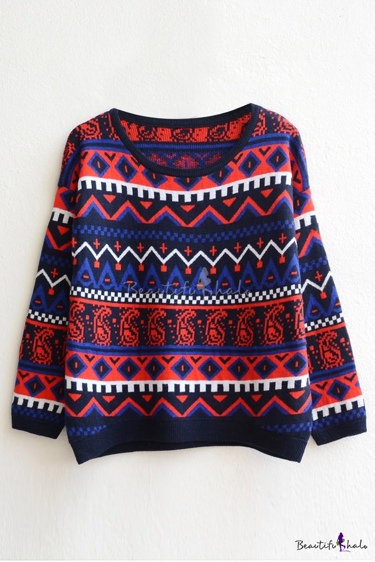 Tribal Geometric Pattern Round Neck Long Sleeve Sweater - Beautifulhalo.com