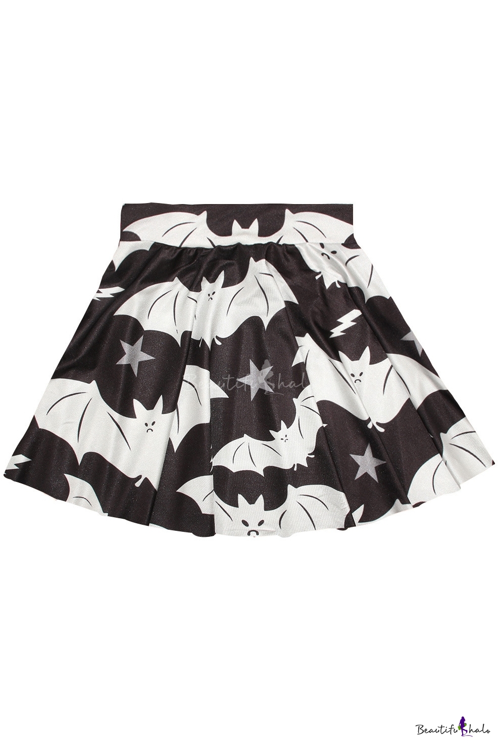Bat Print Elastic Waist Flared Mini Skirt - Beautifulhalo.com
