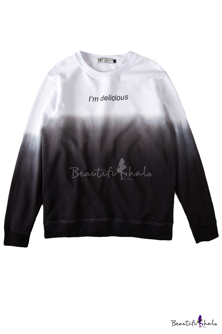 Ombre Letter Print Long Sleeve Round Neck Sweatshirt - Beautifulhalo.com