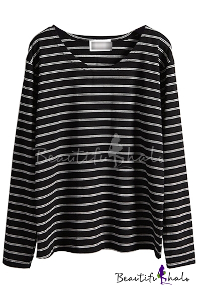 Long Sleeve Round Neck Striped T-Shirt - Beautifulhalo.com