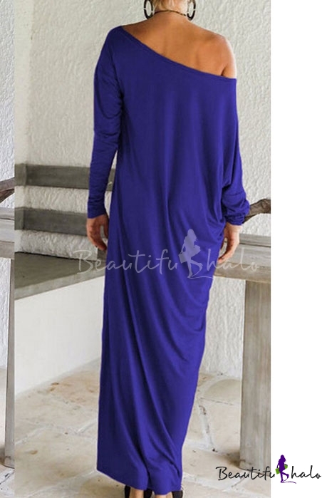 One Shoulder Long Sleeve Plain Maxi T-Shirt Dress - Beautifulhalo.com