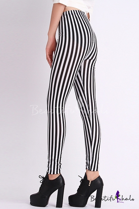 High Waist Stripes Skinny Leggings - Beautifulhalo.com