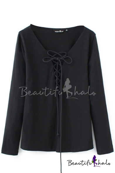 Plain Black V-Neck Tie Front Long Sleeve Tee - Beautifulhalo.com