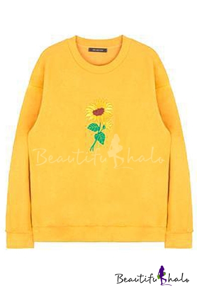 Round Neck Embroidery Floral Long Sleeve Sweatshirt - Beautifulhalo.com