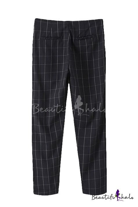 Plaid Zipper Fly Cigarette Ankle Length Pants - Beautifulhalo.com