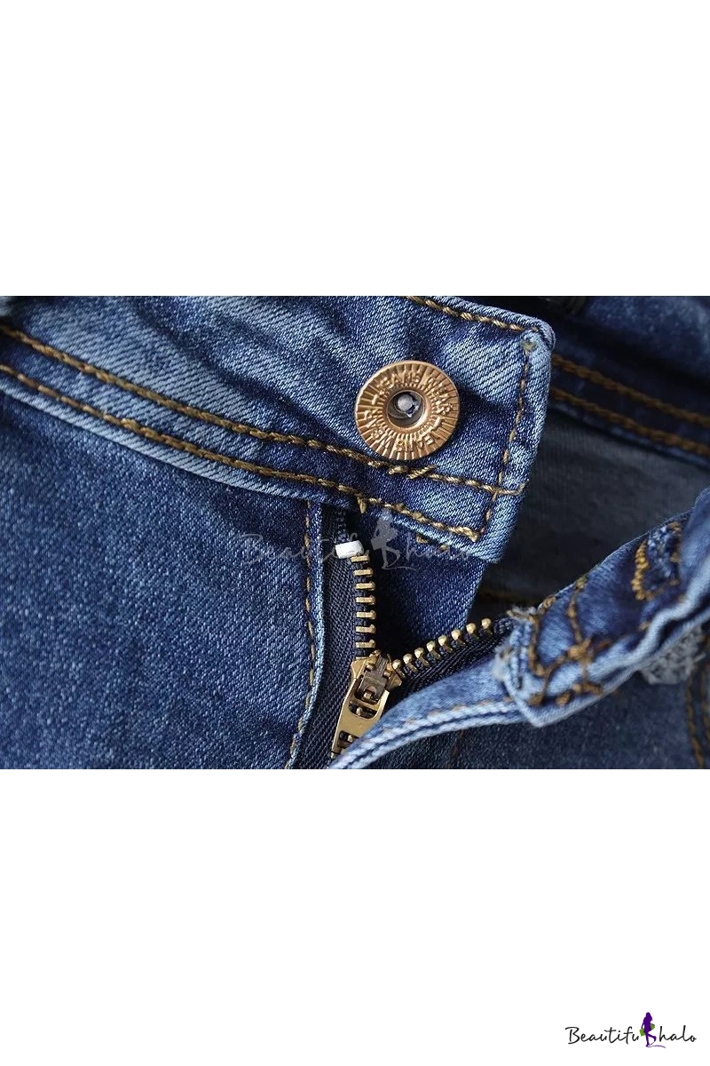 Zipper Fly Ripped Single Button Wash Jeans - Beautifulhalo.com