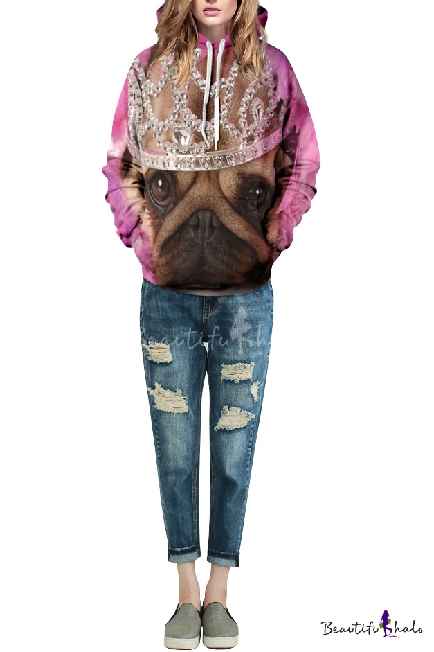 Pink Dog Imperial Crown Print Long Sleeve Hoodie - Beautifulhalo.com