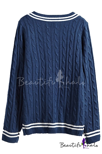 Cable Knit Stripe V-Neck Long Sleeve Sweater - Beautifulhalo.com