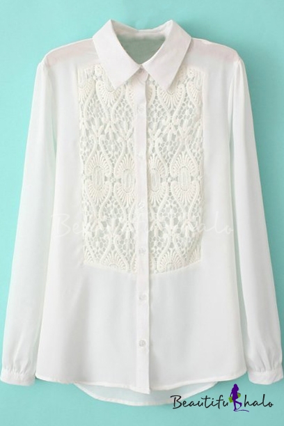 Button Down Lace Patchwork Long Sleeve Shirt - Beautifulhalo.com