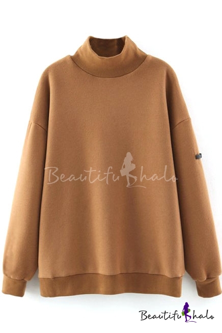 Plain High Neck Batwing Sleeve Loose Fleece Sweatshirt - Beautifulhalo.com