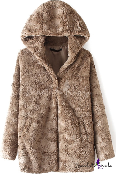 Faux Fur Single Breasted Hooded Brown Coat - Beautifulhalo.com
