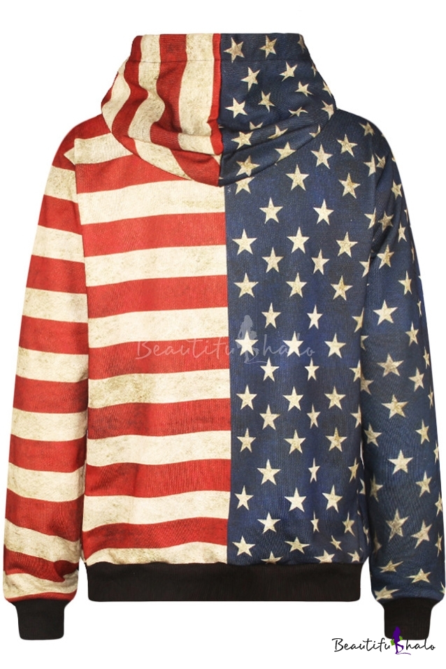 Flag Print Hooded Long Sleeve Sweatshirt - Beautifulhalo.com