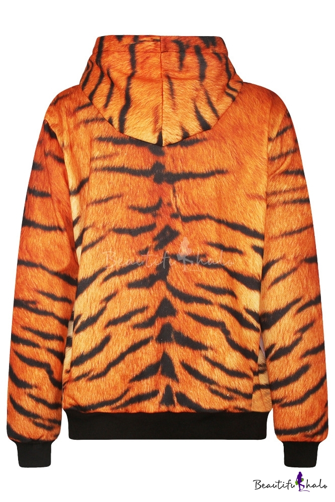 Tiger Print Long Sleeve Hooded Sweatshirt - Beautifulhalo.com