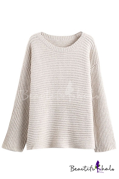Round Neck Long Sleeve Plain Pullover Sweater - Beautifulhalo.com