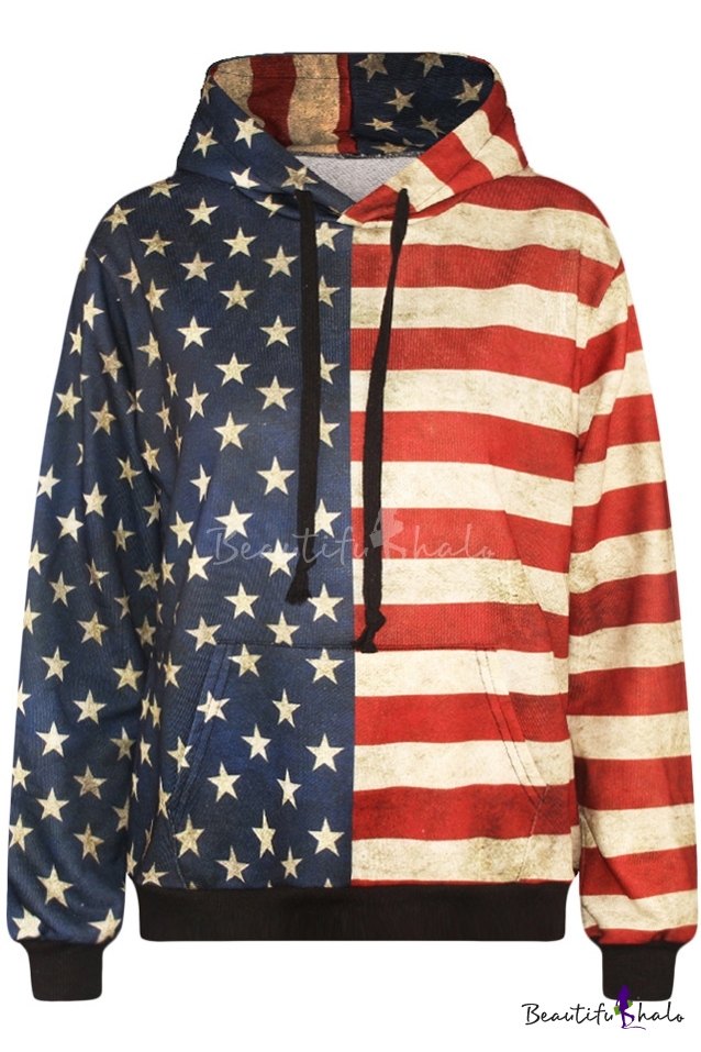 Flag Print Hooded Long Sleeve Sweatshirt - Beautifulhalo.com
