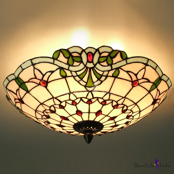 Three Light Hand Made Stained Glass Tiffany 3 Light Flush Mount Ceiling Light 8662