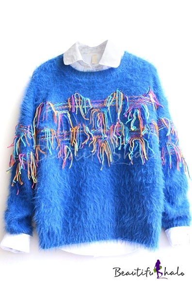 Mohair Colored Tassel Long Sleeve Sweater - Beautifulhalo.com