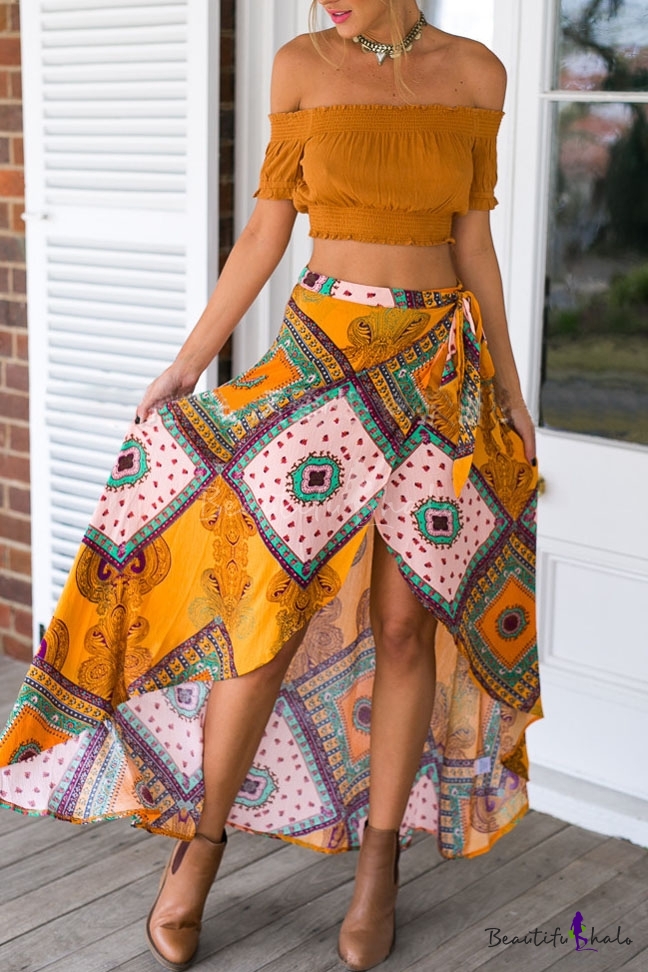 Tie Waist Tribal Print Asymmetrical Maxi Skirt - Beautifulhalo.com