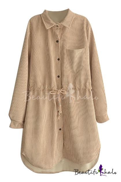 Lapel Long Sleeve Button Down Drawstring Waist Shirt Dress ...