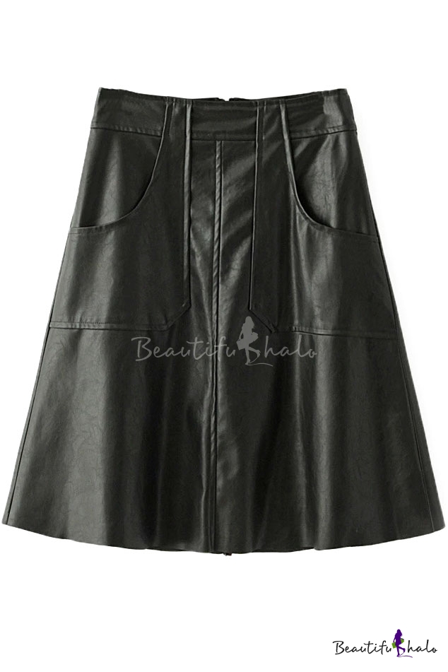 Zipper Back Double Pockets Midi PU Skirt - Beautifulhalo.com