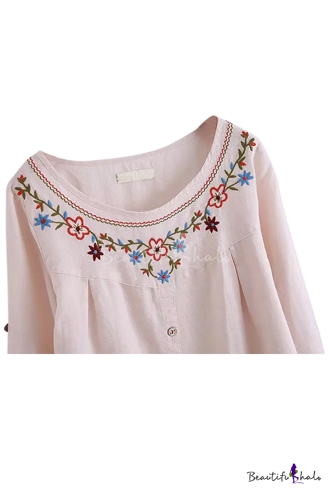 Scoop Neck Embroidery Long Sleeve Buttons Blouse - Beautifulhalo.com