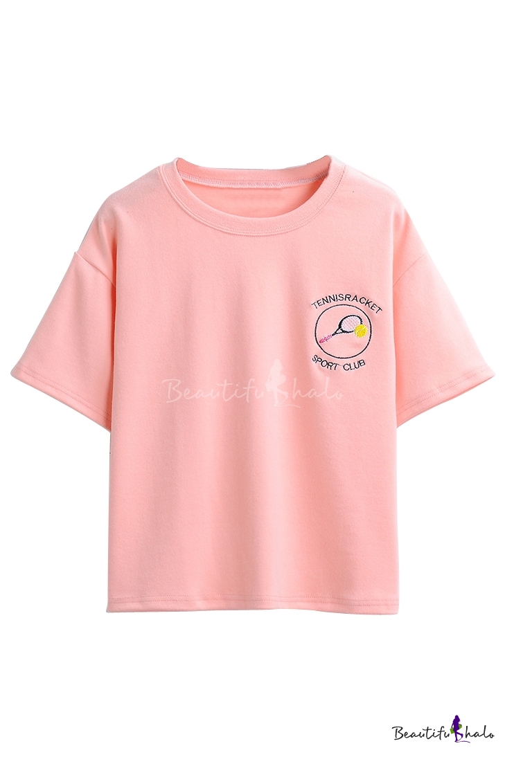 Round Neck Short Sleeve Tennis & Letter Embroidery Tee - Beautifulhalo.com