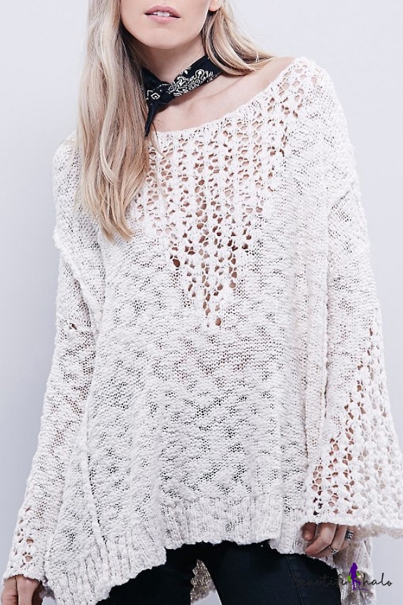 White Hollow Out Long Sleeve Boat Neck Loose Sweater - Beautifulhalo.com