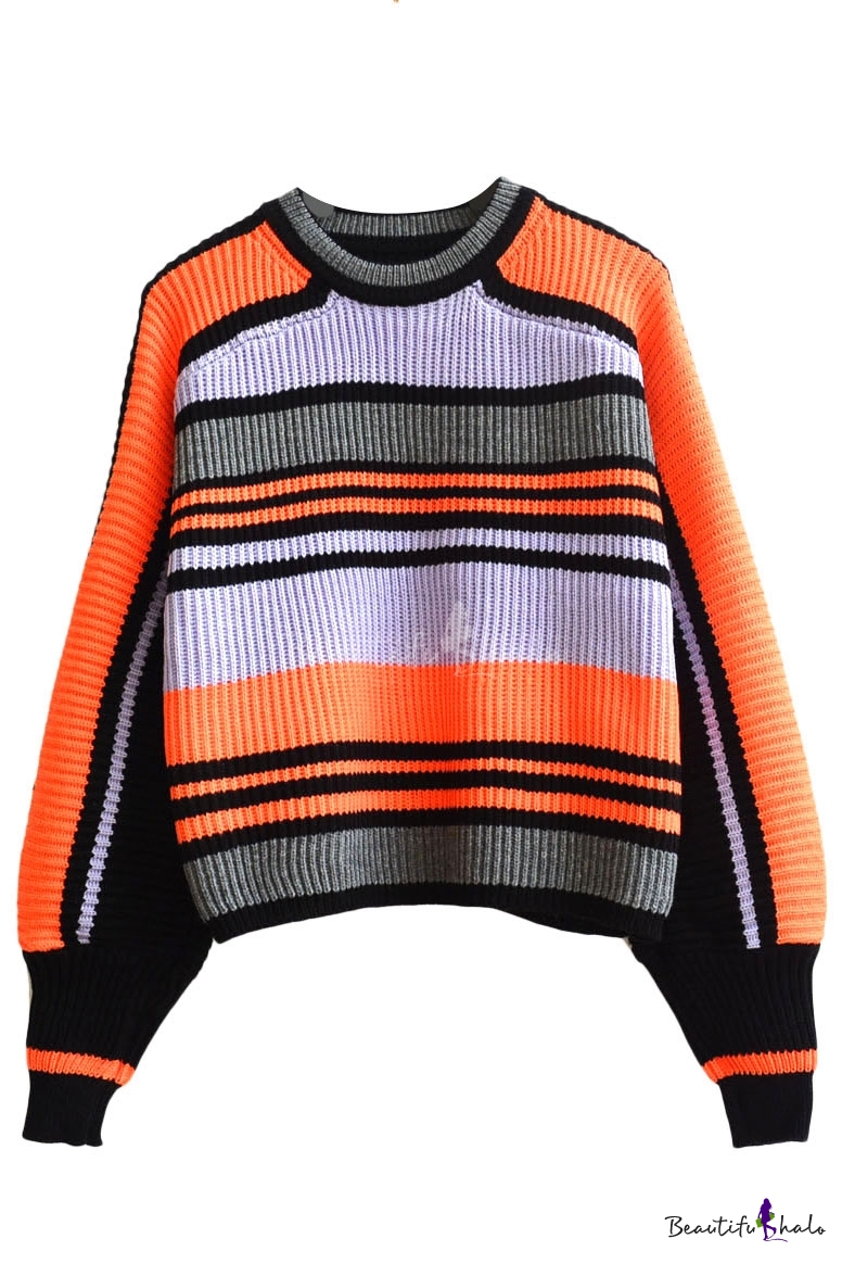 Round Neck Color Block Stripes Long Sleeve Sweater - Beautifulhalo.com