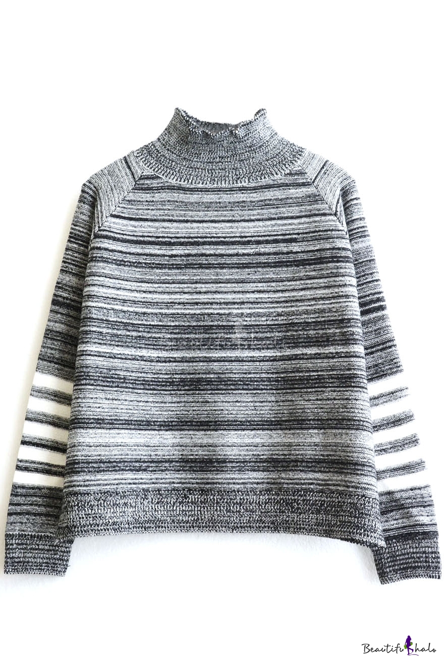 High Neck Long Sleeve Loose Stripes Pullover Sweater - Beautifulhalo.com