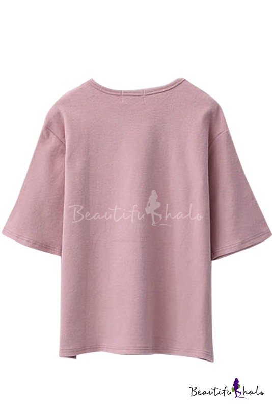 Short Sleeve Letter Print Round Neck Pullover Loose Tee 8348