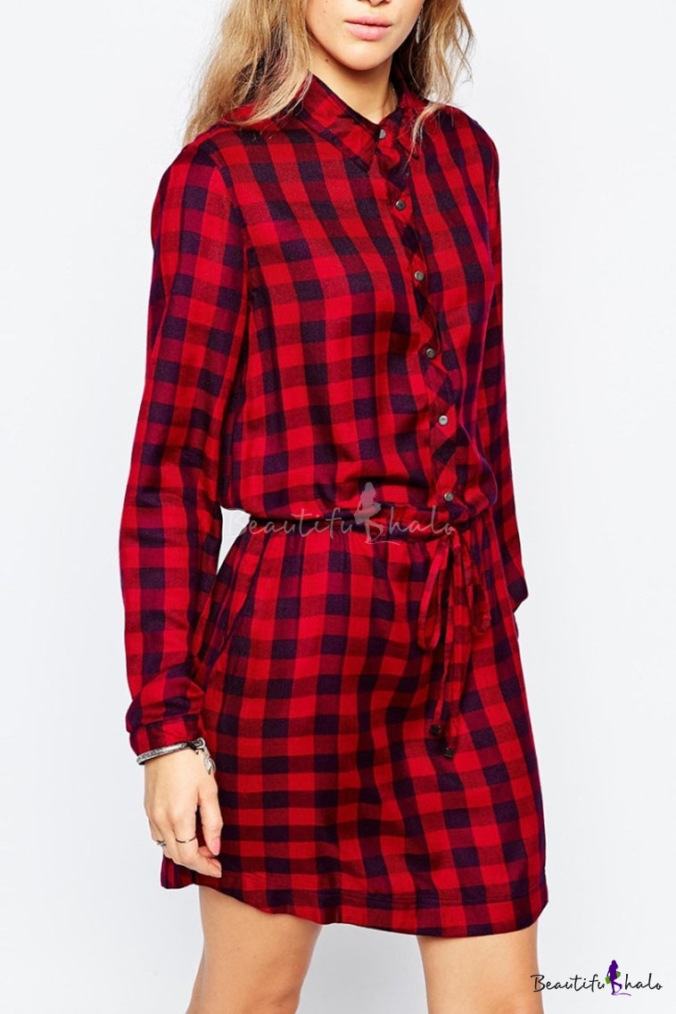 Lapel Red Plaid Button Down Tie Waist Long Sleeve Shirt Dress ...