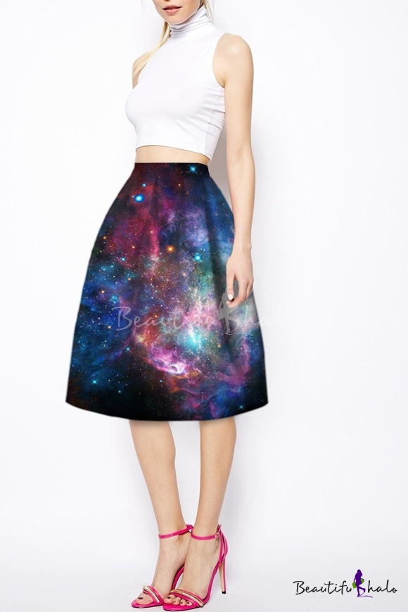 Black Galaxy Print High Waist A-line Midi Skirt - Beautifulhalo.com