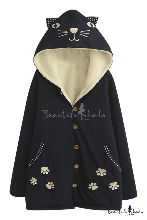 Cute Cat Embroidery Hooded Wool Lining Thicken Coat - Beautifulhalo.com