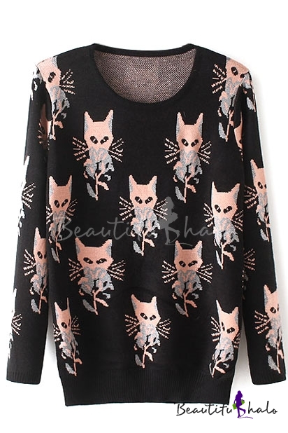 Black Cute Cat Jacquard Round Neck Long Sleeve Sweater - Beautifulhalo.com