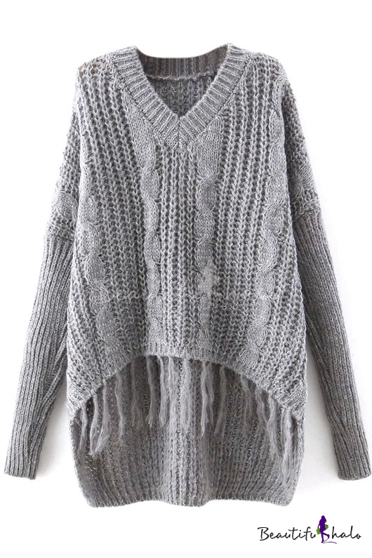 Plain V-Neck Cable Knit Tassel Hem Dip Hem Sweater - Beautifulhalo.com