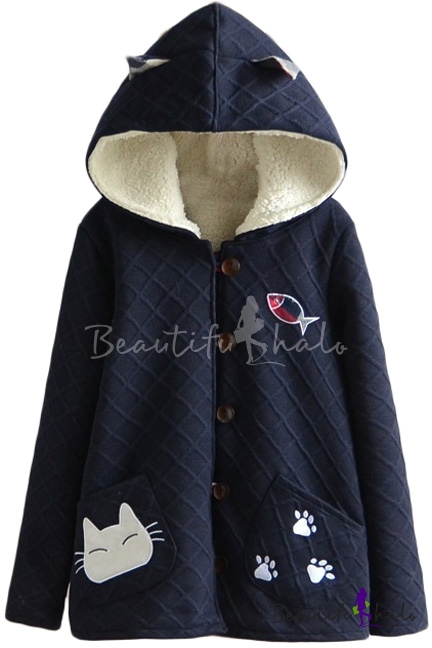 Cute Cartoon Embroidery Hooded Rhombus Jacquard Wool Lining Coat ...