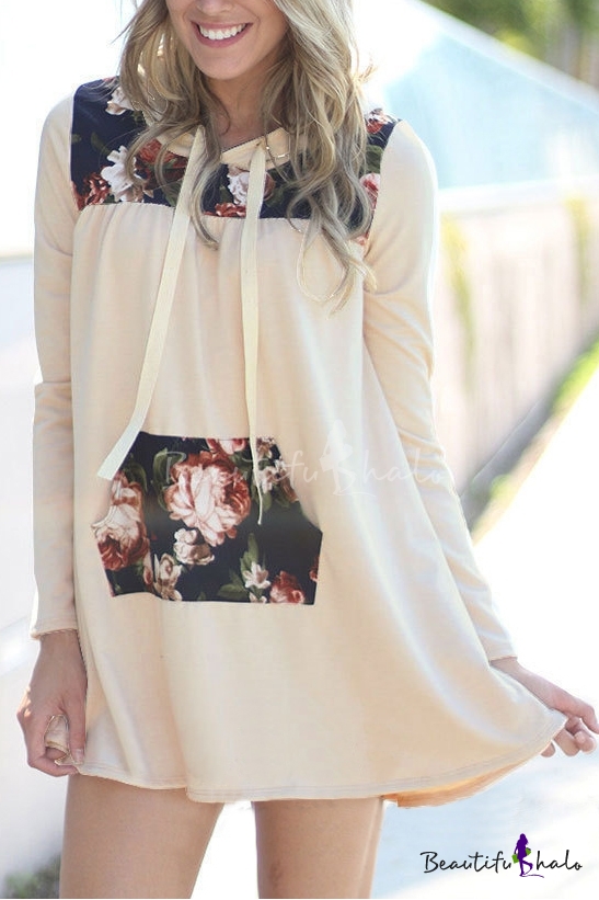 Patchwork Hooded Floral Print Pocket Front Tunic Sweatshirt ...
