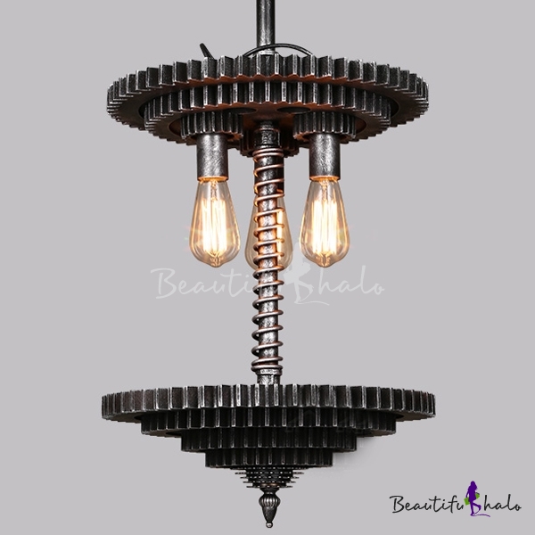 Brushed Iron 3 Lights Gear Industrial Large Led Hanging Pendant