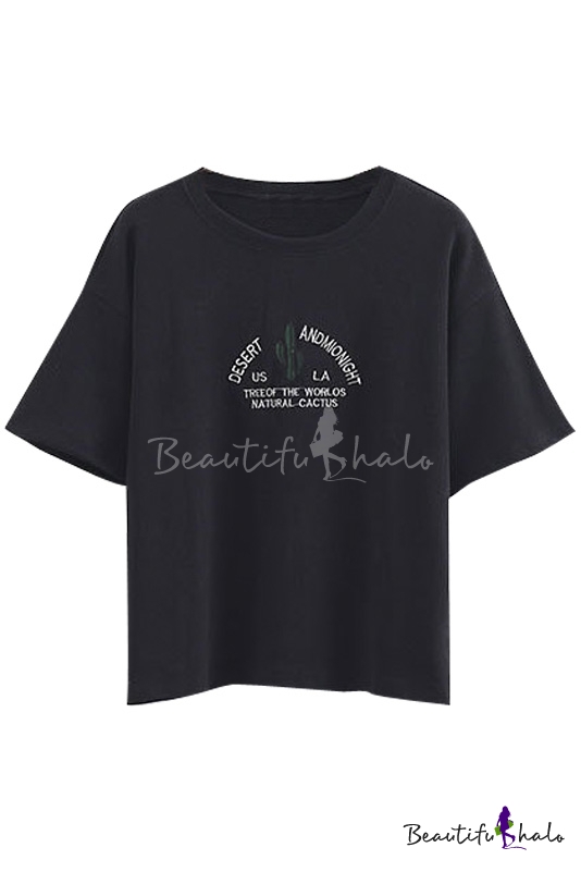 Letter & Cactus Embroidery Short Sleeve Loose Tee - Beautifulhalo.com