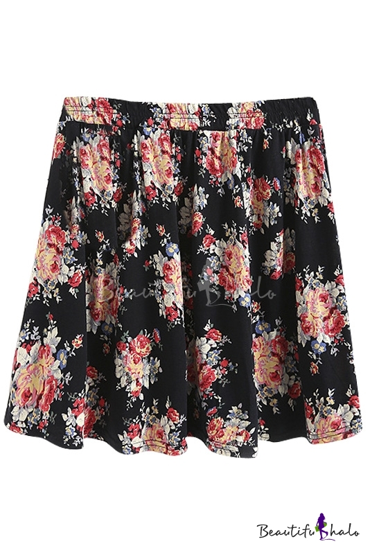 Elastic Waist Vintage Floral Print A Line Mini Skirt