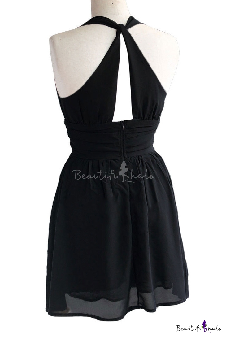 V-Neck Sleeveless Plain Black Chiffon A-line Mini Dress - Beautifulhalo.com
