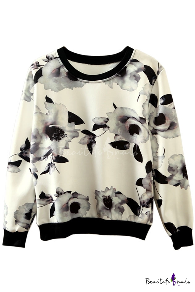 Black & White Floral Print Round Neck Pullover Sweatshirt ...